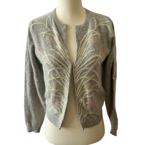 WHITE + WARREN CARDIGAN S BEADED FLORAL LAMBSWOOL ANGORA RABBIT HAIR SILK LINING - Picture 1 of 12